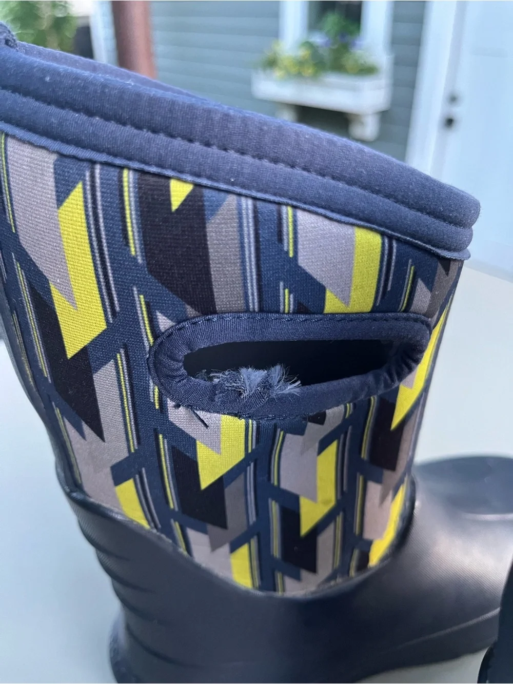 Bogs Kids Navy, Yellow & Gray Geometric Waterproof Boots